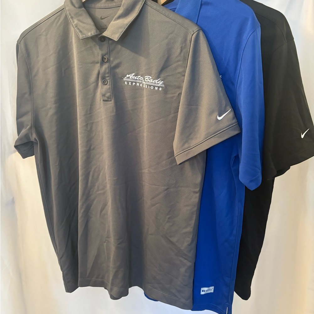 Nike Men's Polo Shirt - Gray, Blue, and Black, Body Shop Logo, Auto Shop Shirt,
